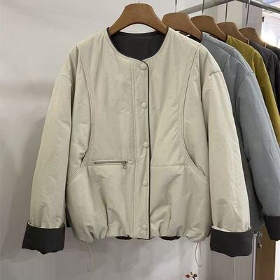 韩版新款圆领撞色棉服外套女2025冬季新款宽松显瘦休闲减龄棉衣潮