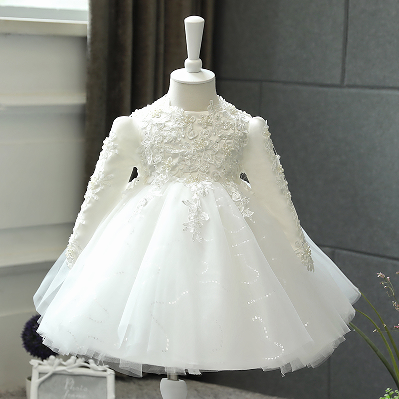 女童礼服花童婚礼小女孩长袖蓬蓬裙宝宝周岁儿童生日公主裙春秋款