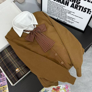 毛衣三件套jk制服学院 板栗猫格裙长袖 猫看花JK制服套装 焦糖色开衫