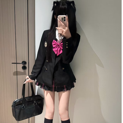 猫看花【双排扣西装】黑色jk制服收腰外套学院风日系秋冬TR加厚