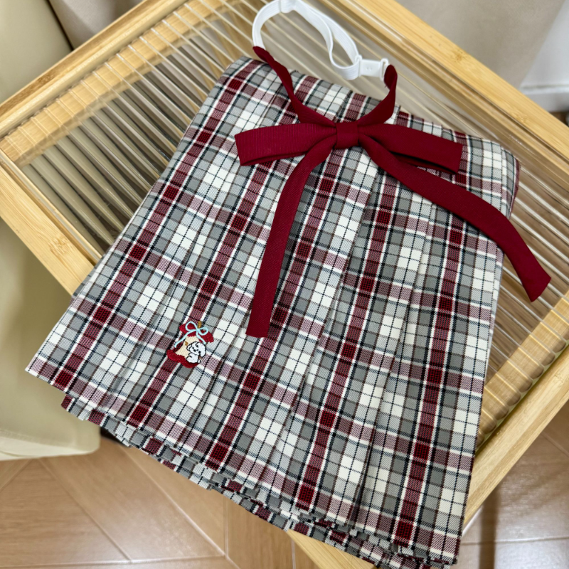 猫看花苹安果原创格裙红细格女学生半身裙百褶裙jk格裙(圣诞限定�