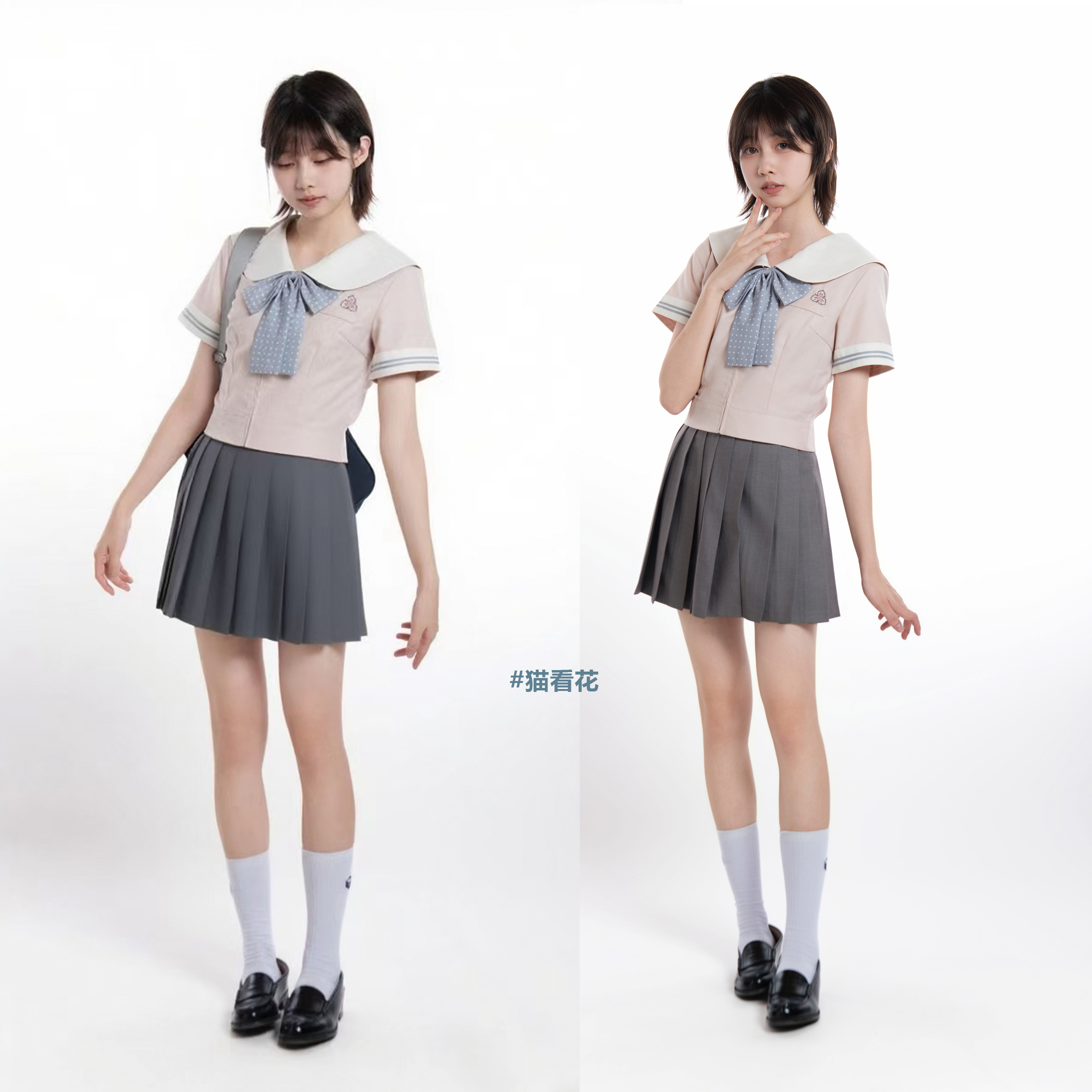 猫看花 椿樱女子甜美可爱白色收腰显瘦穿搭粉色水手服短袖校供夏