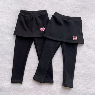 110 120码女童裤子 黑色冬季加绒保暖修身假两件不倒绒裙裤打底裤