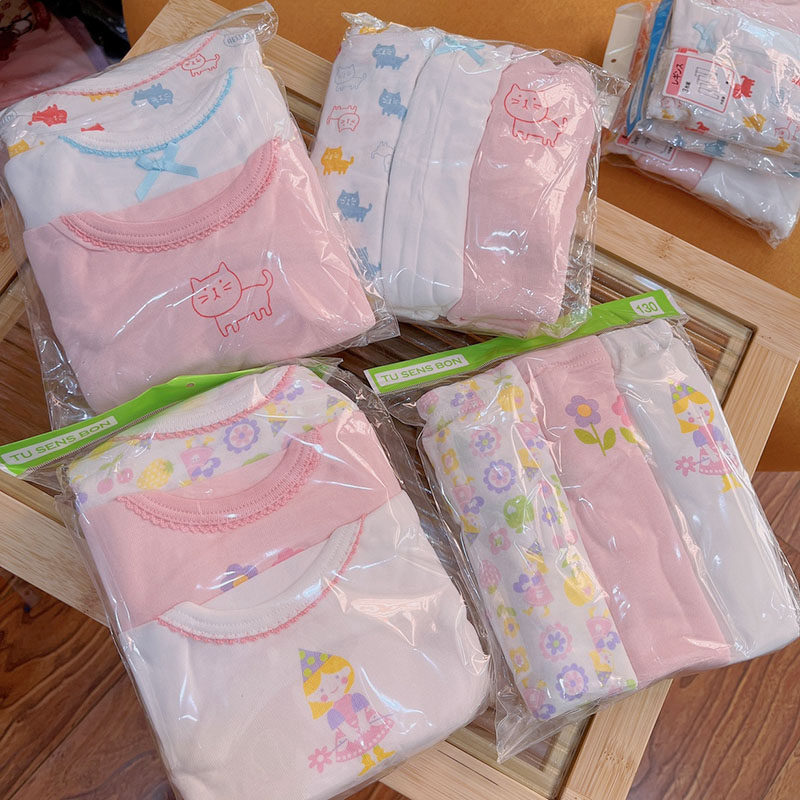 好穿打底家居服  出口品质女童纯棉薄款秋衣秋裤粉色小碎花3件1包