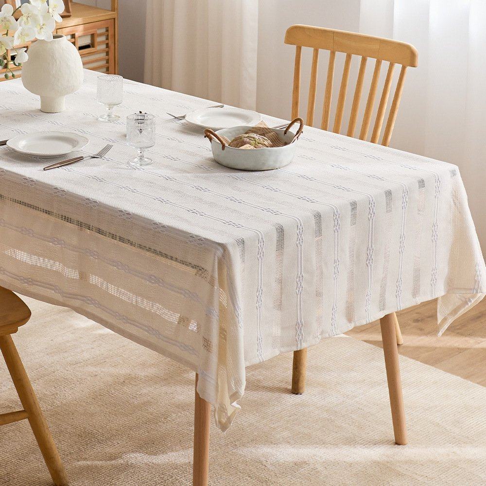 棉麻风镂空提花条纹桌布ins氛围感茶几装饰布长方形餐桌布艺DD19