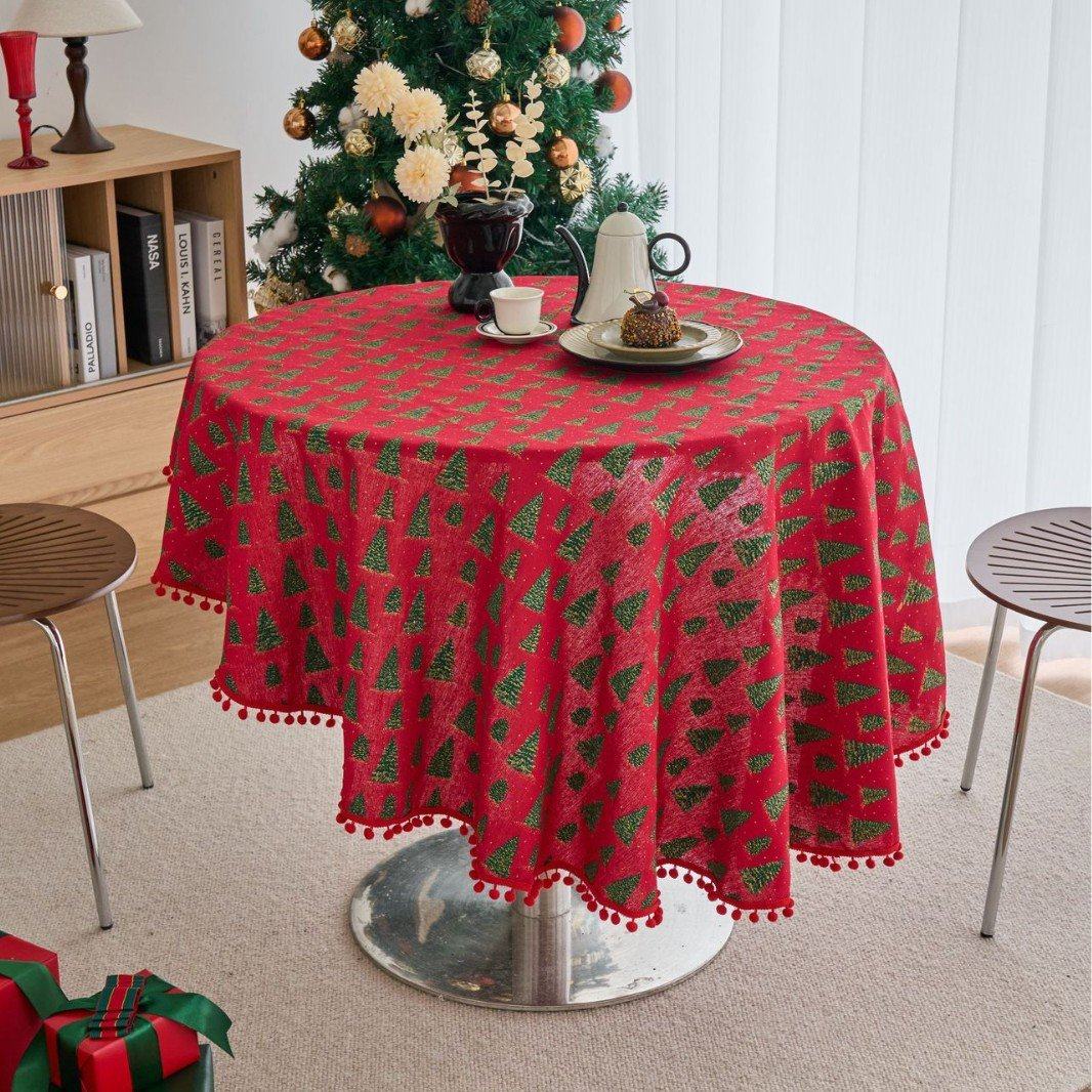 桌布松枝印花餐圣诞节日绿色餐桌布茶几布圆形DD60