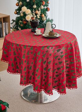 桌布松枝印花餐圣诞节日绿色餐桌布茶几布圆形DD60