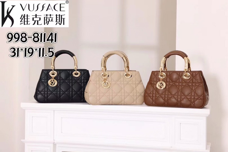 维克萨斯时尚绣线高级感纯色真皮手提斜挎女包优雅淑女81141大号