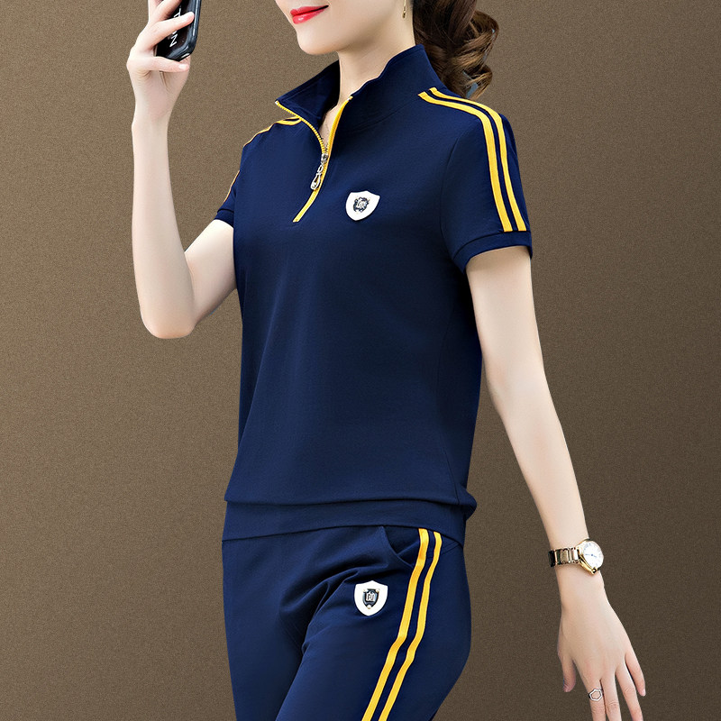 年轻妈妈夏装中老年运动套装女春夏潮中年大码纯棉短袖t恤两件套
