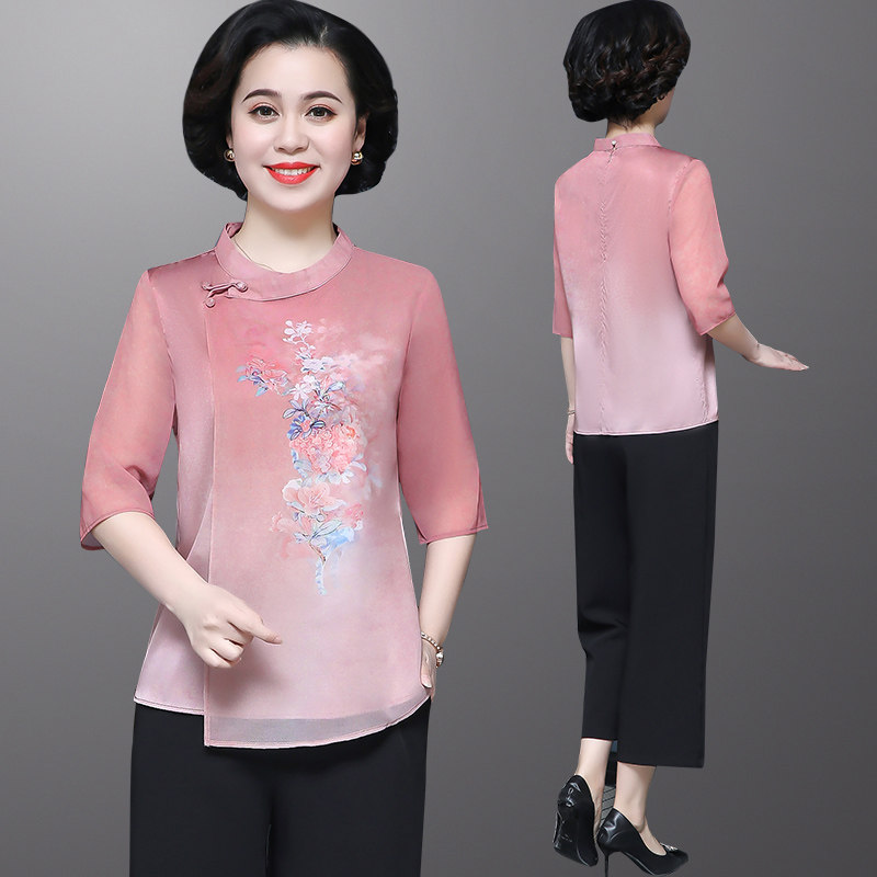 妈妈夏装唐装女中国风短袖上衣中老年女装套装中年阔太太两件套
