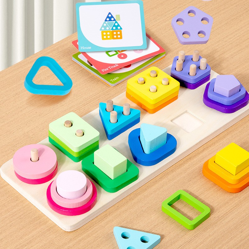 儿童木制四套柱几何形状颜色认知蒙氏益智早教拼插配对拼图板AC06