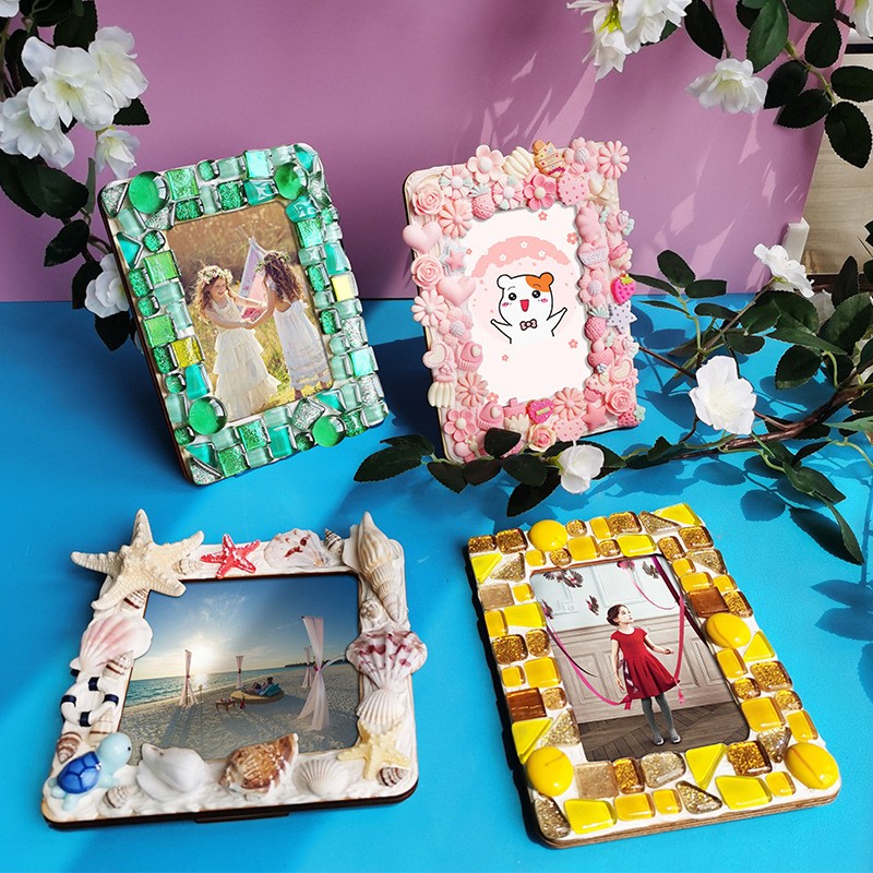 幼儿园儿童手工diy涂色彩绘木质相框粘土雪花泥制作白胚木制画框
