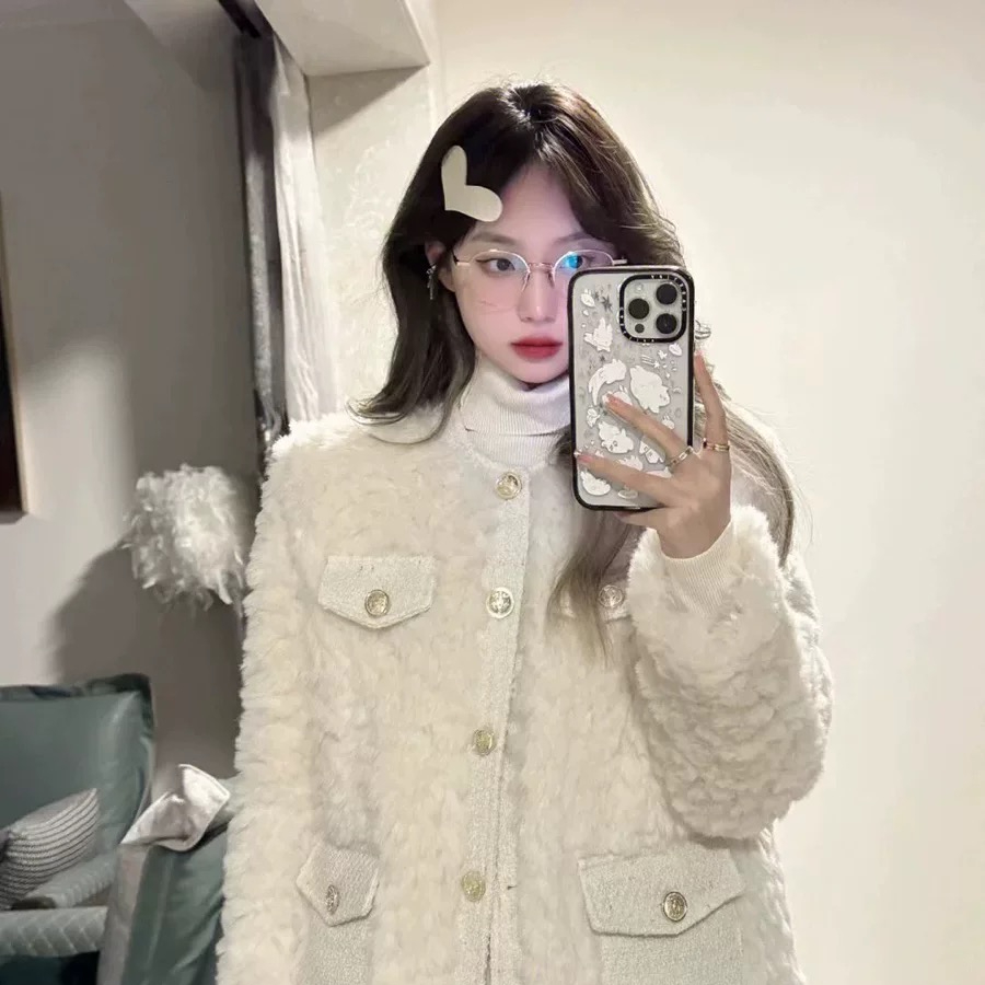 皮草小香风外套女冬天新款高级感可可仿兔毛大衣加厚圆领网红棉服