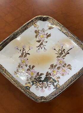 日本 九谷烧 古董手绘菱形摆件小碟 中古收藏首饰盘 东洋老瓷器