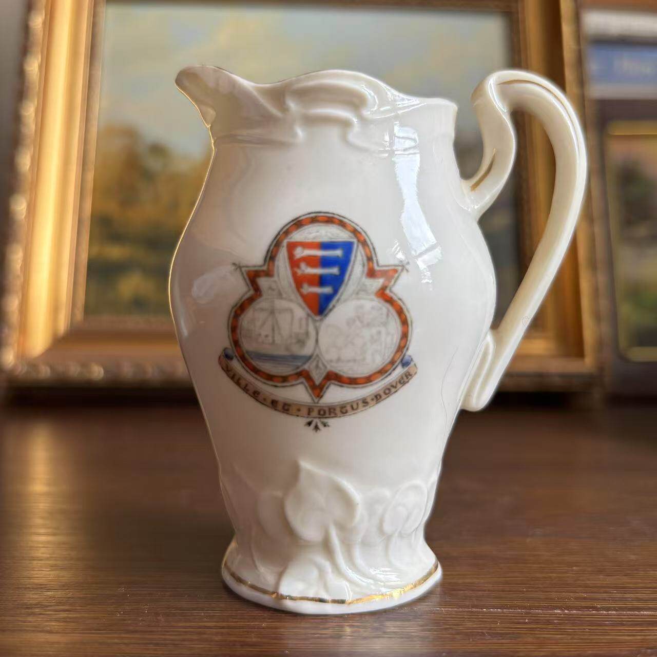 英国中古老瓷器 VILLE ET PORTUS DOVER 盾徽瓷摆件 徽章收藏瓷壶