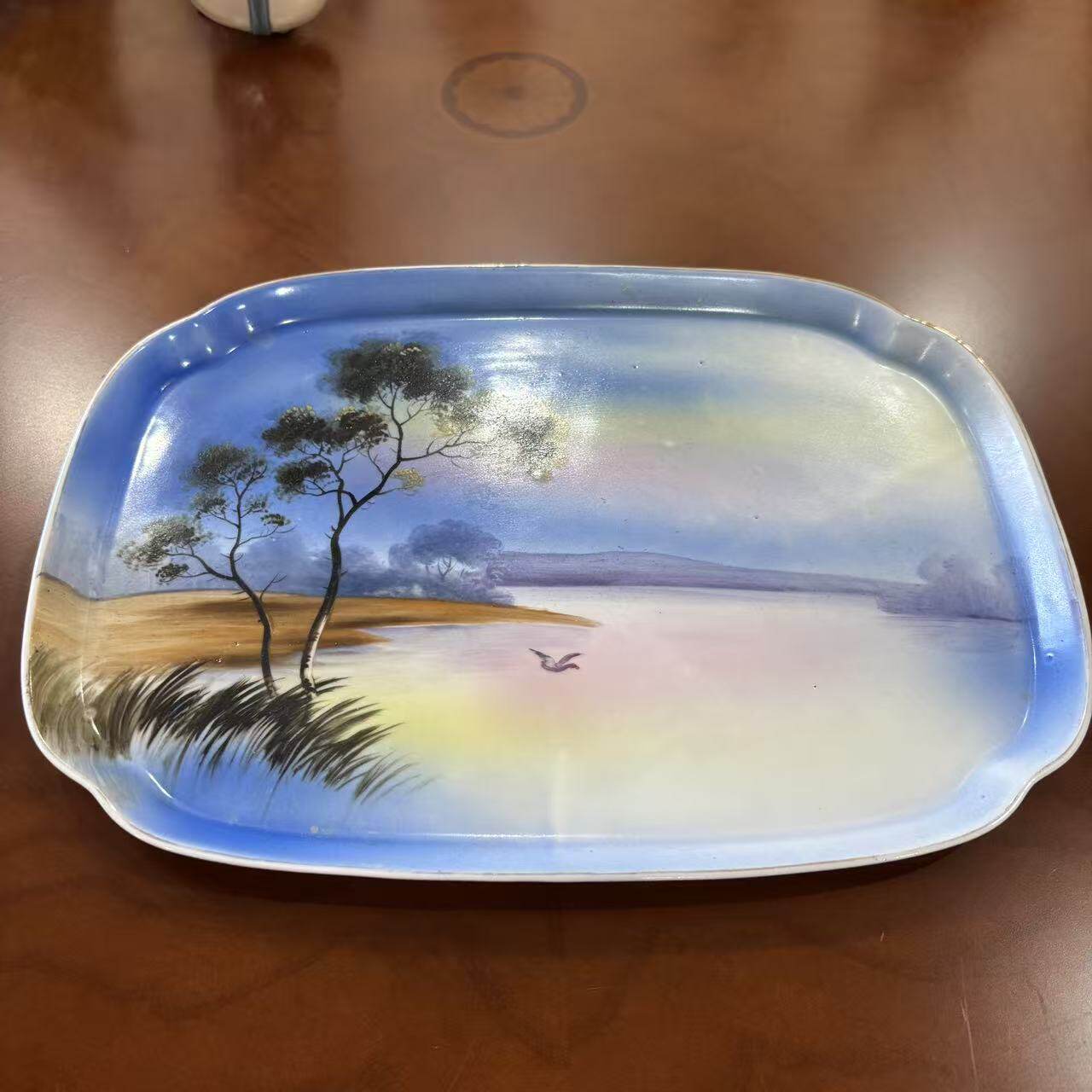 则武 Noritake 日本古董收藏盘 手绘风景装饰茶盘 长方形甜品碟