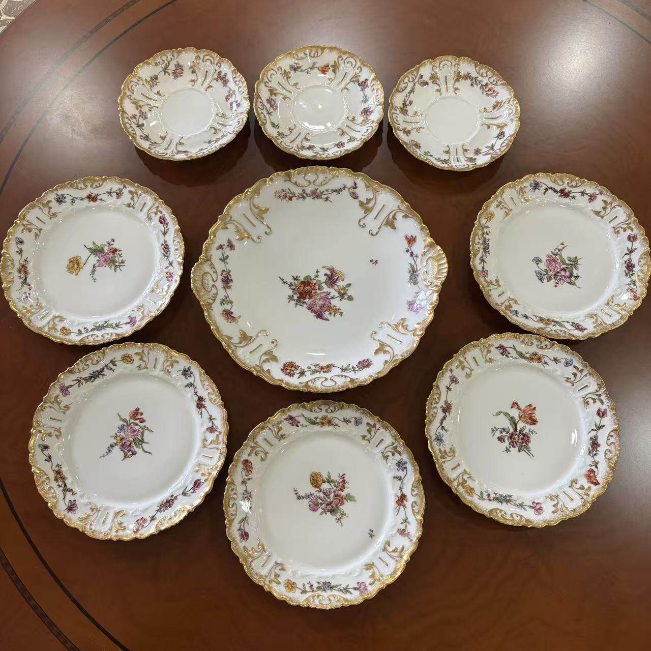 H.B Limoges 利摩日手绘花卉鎏金纹饰双耳大盘 古董花卉瓷盘 赏碟
