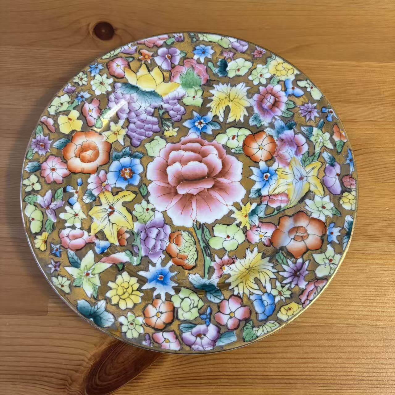 欧洲回流 中国潮彩 中古金地百花不落地收藏盘 百花描金碟赏盘