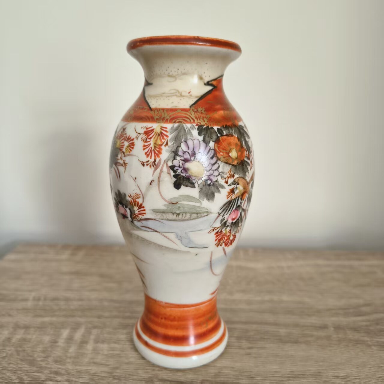 日本 九谷烧 手绘花鸟瓷瓶摆件 赤绘描金小花瓶 早期柴烧老瓷器