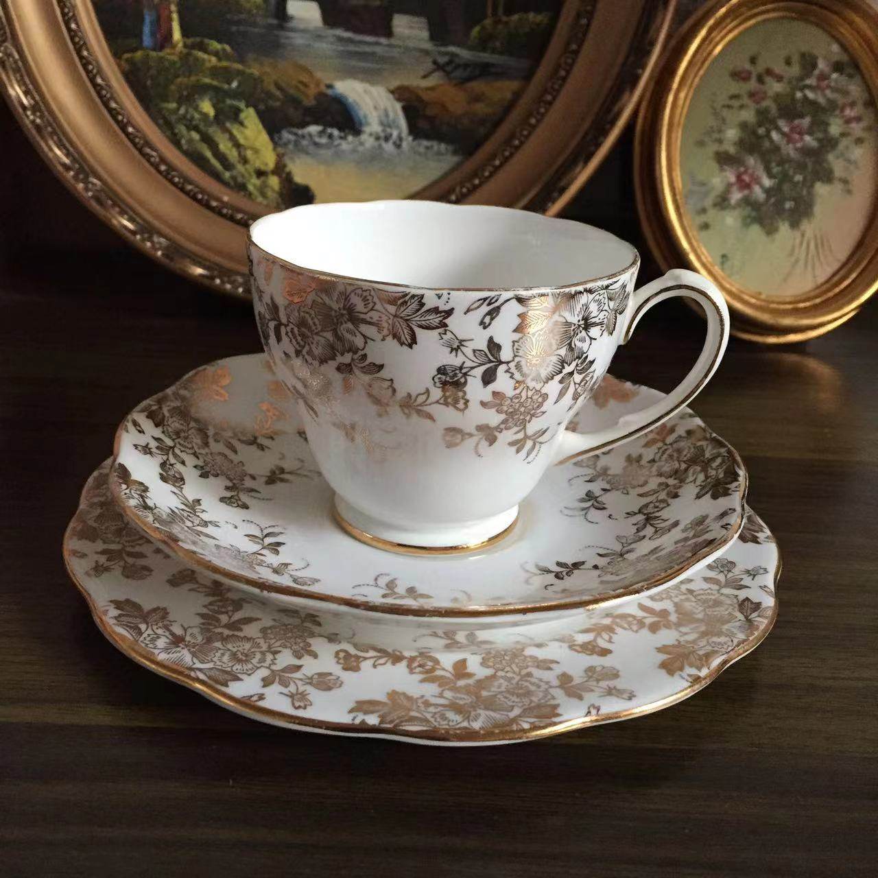 Roslyn China 罗斯林 英国骨瓷中古收藏蕾丝描金咖啡杯 下午茶杯