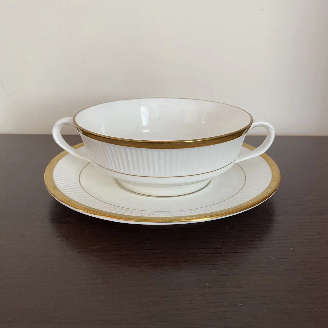 Crown Staffordshire&nbsp;英国重鎏金瓷汤碗 金色荣耀双耳热巧克力杯