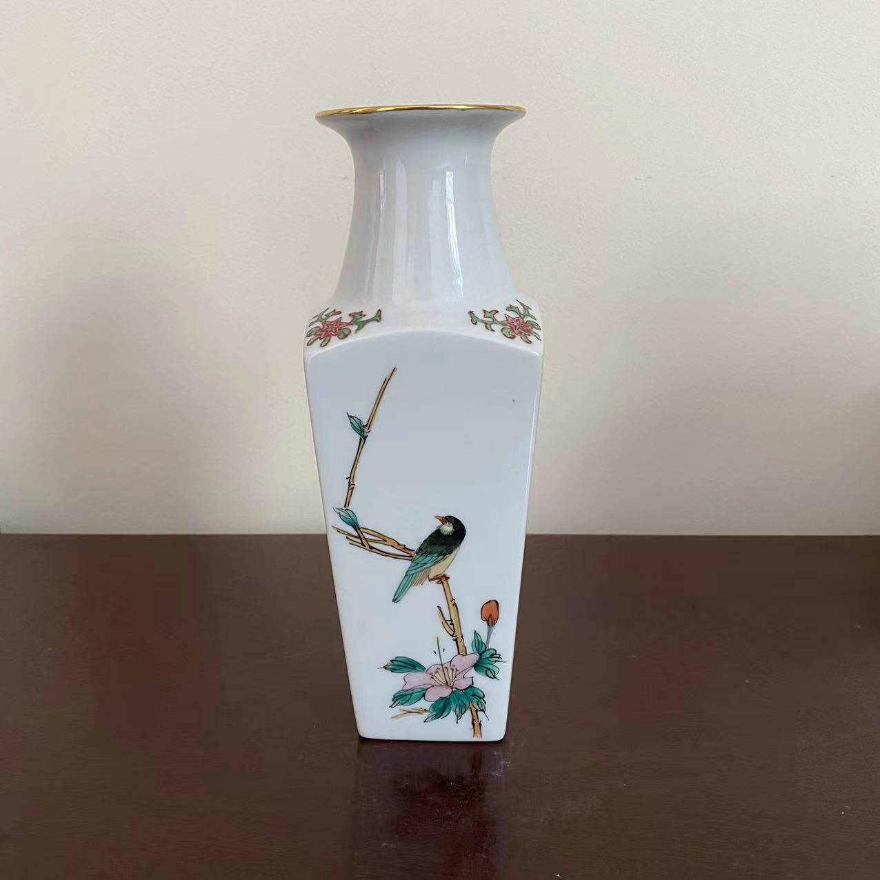 中国高陂 欧洲回流创汇中古手绘圆口方花瓶摆件 花鸟诗词收藏瓷瓶