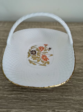 Spode 斯波德 英国中古收藏摆件瓷小花篮 纹饰描金小瓷蓝装饰碟