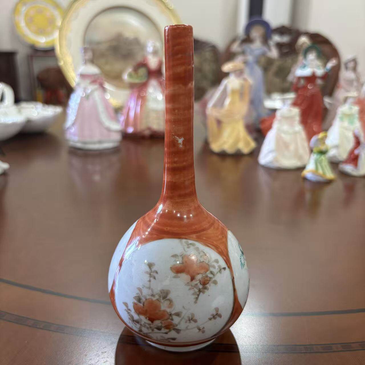 日本早期 九谷烧柴烧手作赤绘细口花瓶 手绘花鸟开窗装饰胆瓶摆件