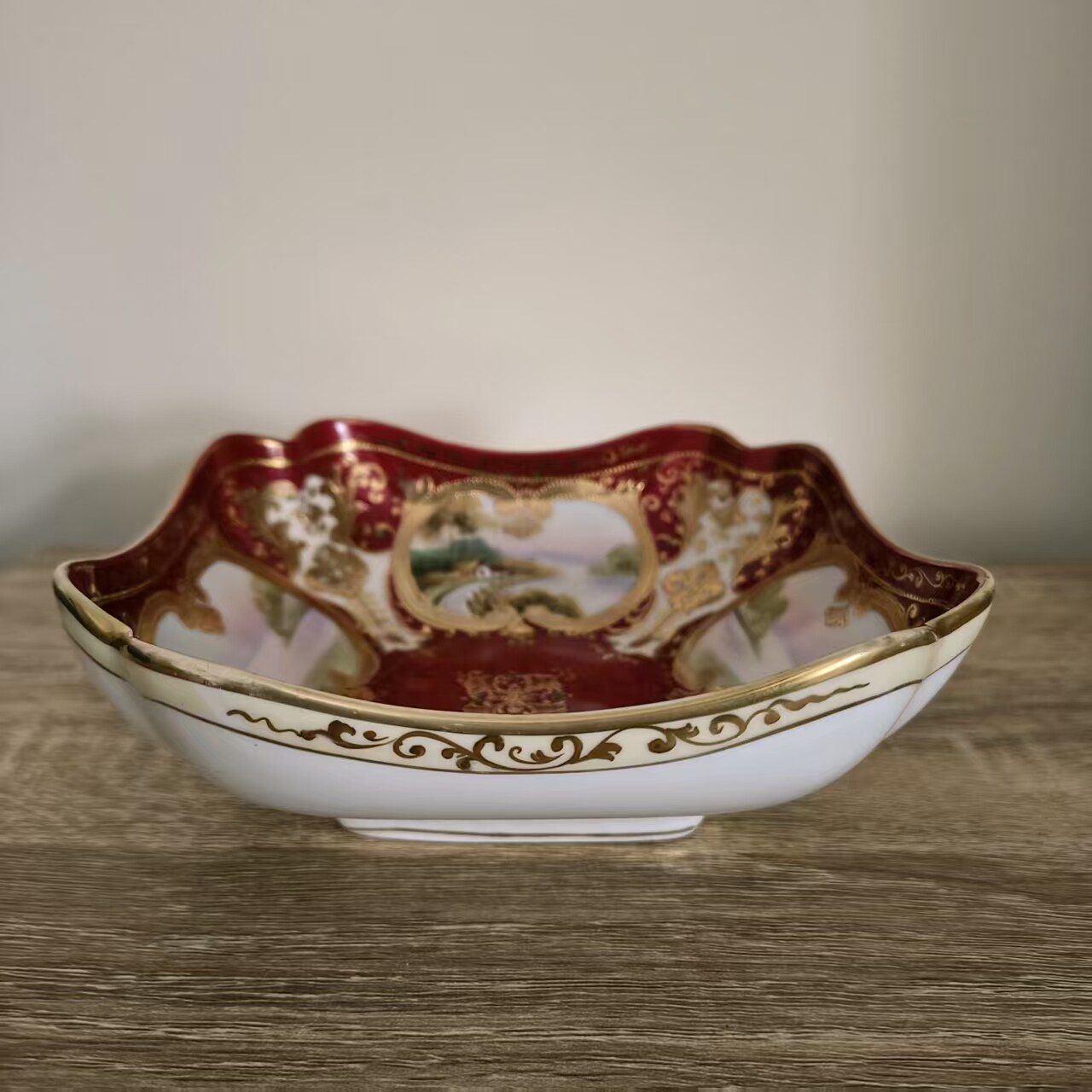 Noritake 日本则武古董瓷器手绘鎏金风景方盘 稀有彩绘百年收藏碟