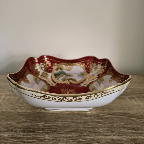 Noritake 日本则武古董瓷器手绘鎏金风景方盘 稀有彩绘百年收藏碟