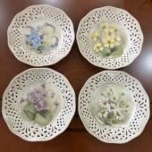 装 英国 1991年切斯特孤品手绘花卉镂空赏盘 HOGGAN 饰摆件瓷碟