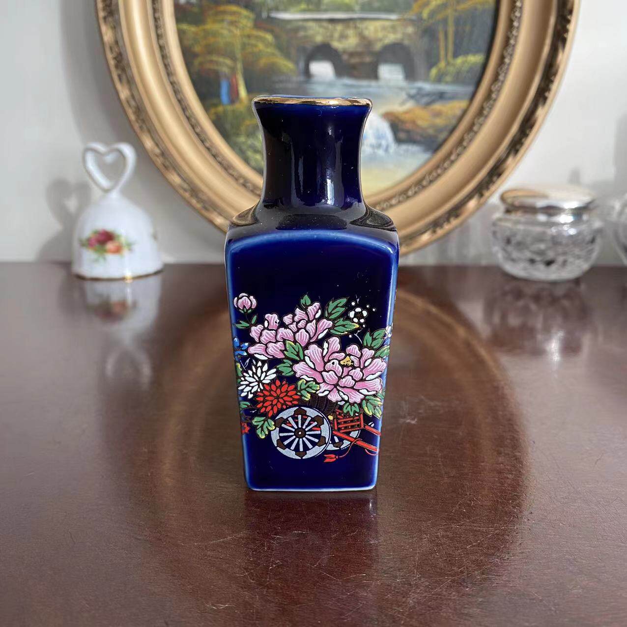 日本 美术陶器 中古收藏钴蓝方花瓶 装饰花车迷你小瓷瓶 瓷器摆件