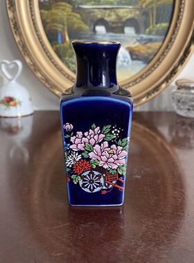 日本 美术陶器 中古收藏钴蓝方花瓶 装饰花车迷你小瓷瓶 瓷器摆件