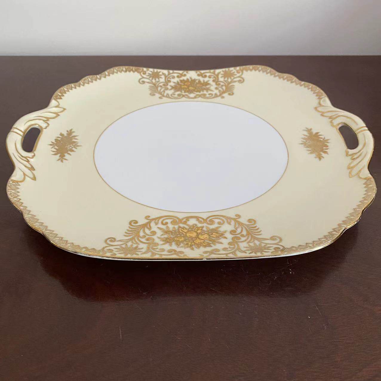 则武 Noritake 古董蛋糕碟 日本老瓷器 双耳嵌丝纹饰大盘 瓷餐盘