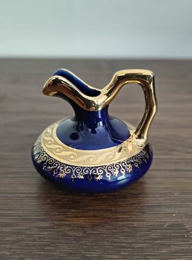Limoges 利摩日 法国中古钴蓝描金蕾丝纹理迷你小瓷壶 装饰摆件