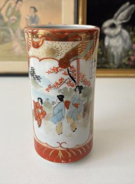 日本九谷 全手绘人物装饰笔筒摆件 手工描金赤绘瓷器花鸟收藏花瓶