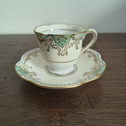 则武 Noritake 日本古董绿松石描金纹饰蕾丝装饰咖啡杯  茶杯摆件