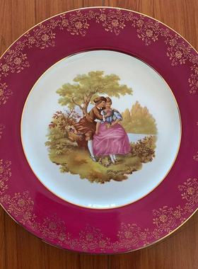 Limoges 利摩日 法国洛可可人物中古瓷碟 红色描金收藏挂盘 赏盘
