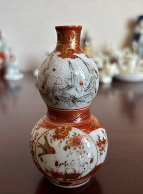 九谷 日本明治时期赤绘收藏葫芦型瓷瓶玄关摆件 手绘花鸟装饰花瓶
