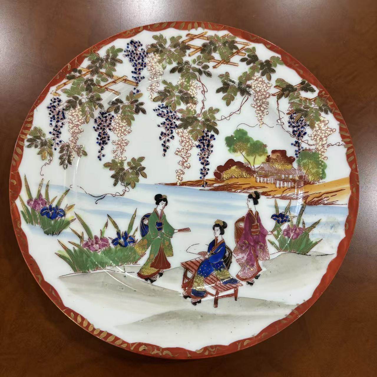 日本中古老瓷器 手绘赏盘 彩绘人物风景画片收藏碟 仕女摆件挂盘