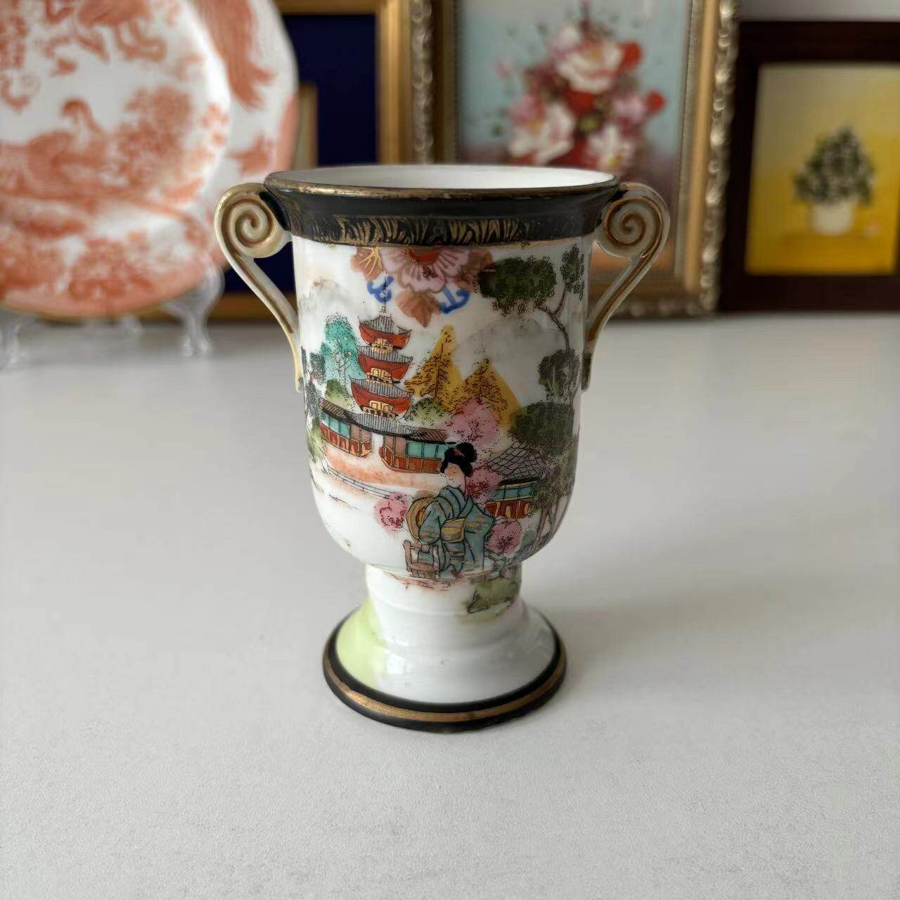 则武 Noritake 日本手绘人物风景双耳古董瓶 收藏老瓷器 摆件花瓶