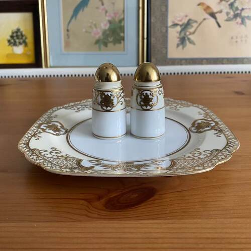 则武 Noritake 百年古董鎏金纹饰手绘调料瓶三件套 胡椒盐瓷瓶