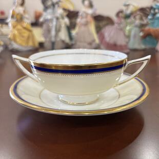 Minton 明顿 英国稀有收藏 钴蓝描金双耳杯 中古摄政蓝双耳碗摆件