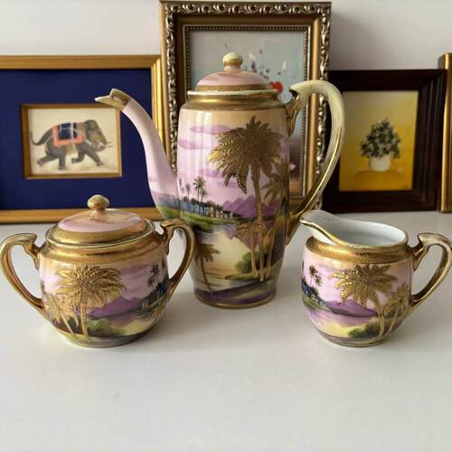 则武 Noritake 阿拉伯风格描金手绘三件套茶壶 糖罐 奶壶 老瓷器