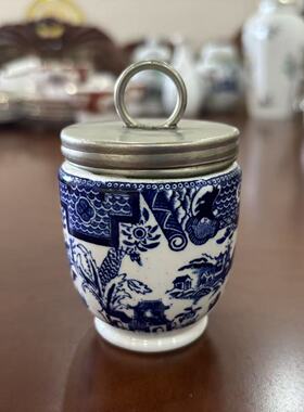Royal Worcester 伍斯特 1924年青花山水楼阁百年古董鸡蛋杯 瓷罐