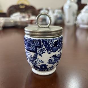 Royal Worcester 伍斯特 1924年青花山水楼阁百年古董鸡蛋杯 瓷罐