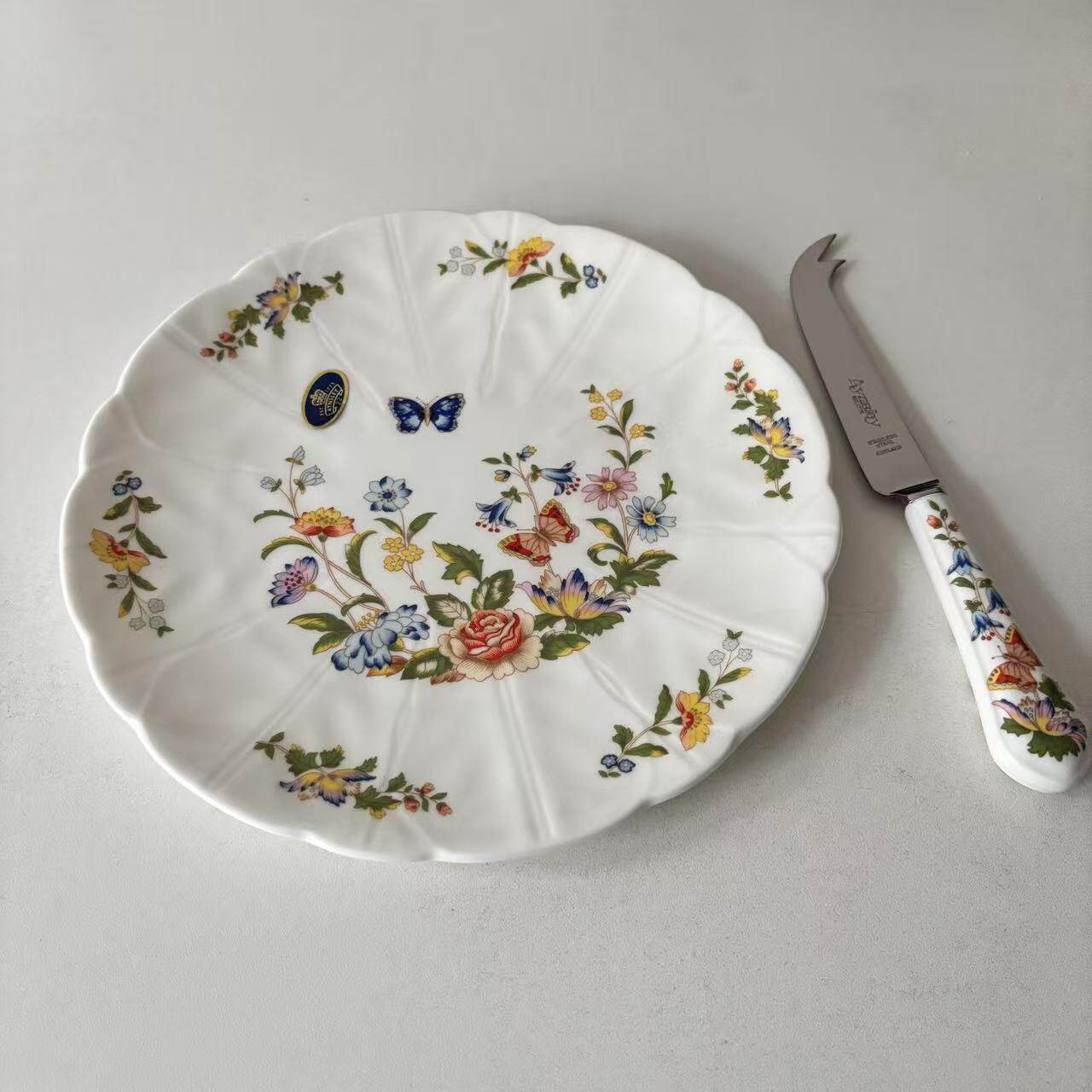AYNSLEY 安兹丽 Cottage Garden村舍花园蝴蝶花卉碟 黄油刀二件套