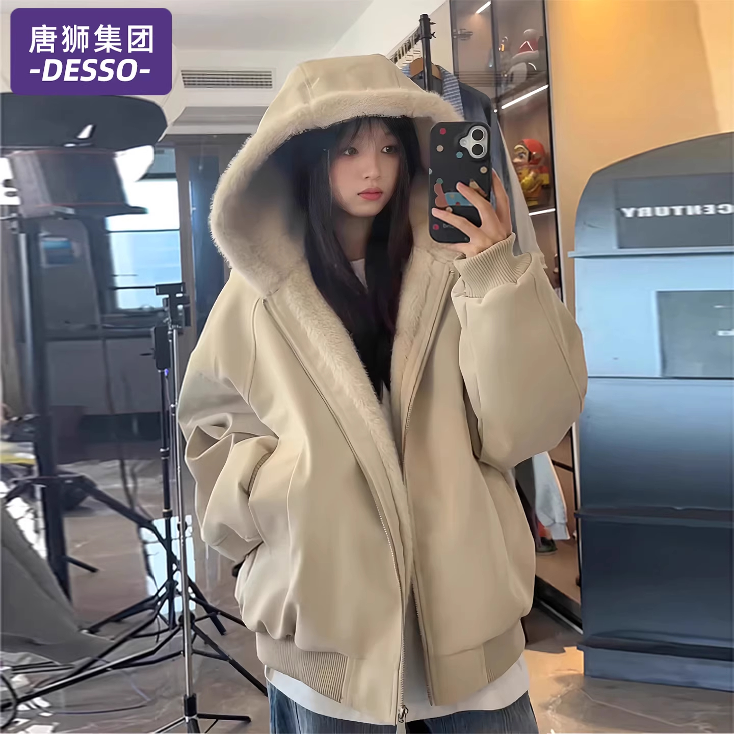 唐狮集团冬季加绒加厚座山雕棉服外套女款2025新款宽松棉衣面包服