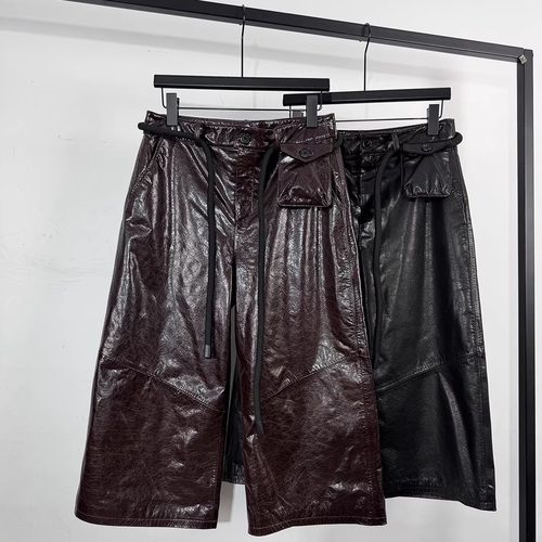 复古油蜡真皮牛皮女七分阔腿皮裤