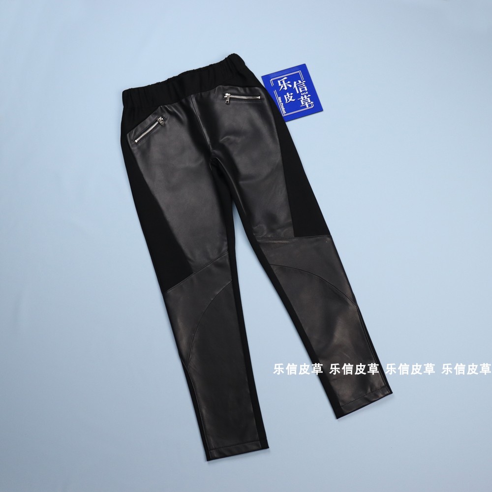 修身盐系九分显瘦2024秋冬真皮绵羊皮拼接打底裤皮裤时尚新款潮流